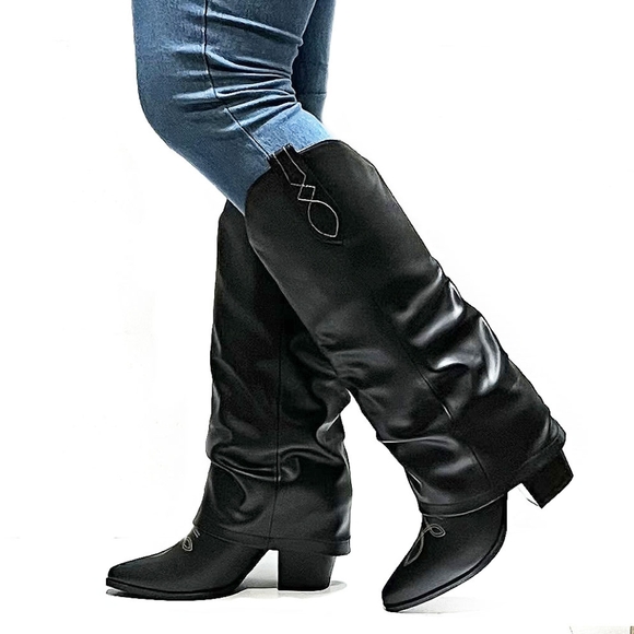 New Black Cowboy Fold Over Western Knee High Cowgirl Boots - Picture 2 of 6